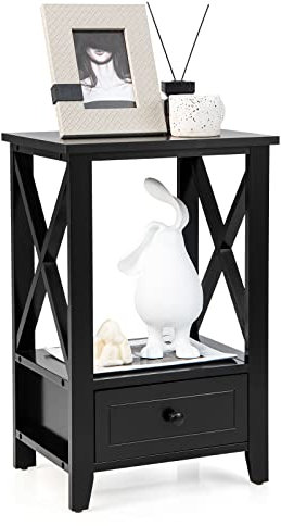COSTWAY 2 Ebenen Nachttisch mit Schublade, Beistelltisch Holz, moderner Nachtschrank, Nachtkommode für Boxspringbett, 40 x 30 x 61,5 cm, Schwarz