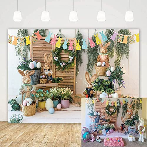 Spring Easter Backdrop Bunny Flower Stand Decoration Photography Background Newborn Photo Banner Cake Table Supplies Studio Props (8X6FT)