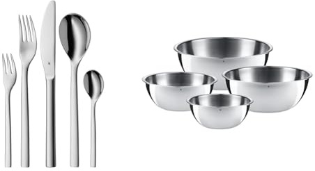 WMF Atria Besteck Set 12 Personen, 60 teilig, spülmaschinenfest & Gourmet Schüsselset 4-teilig, für die Küche 0,75l - 2,75l, Rührschüssel, Salatschüssel, Servierschüssel, Cromargan, stapelbar