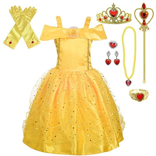 Lito Angels Vestito Belle Costume la Bella e la Bestia per con Accessori Ragazza, Abito da Ballo Giallo Principessa, Taglia 10-11 anni, Stile B