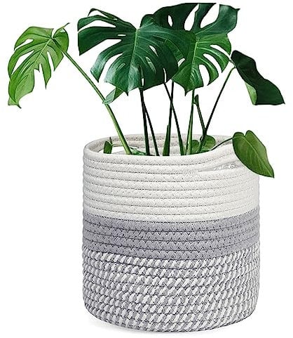 Tenn Well 20 x 20 cm Pot de Fleurs en Coton tissé Style Panier avec Doublure pour Plantes d'intérieur et décoration de la Maison (Blanc Gris)