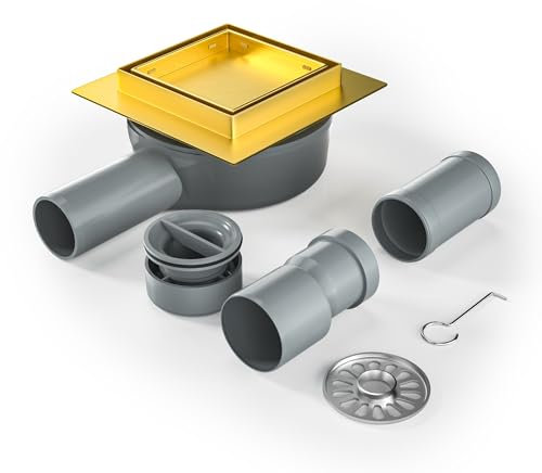 Bernkot Shower Drain Square 10 x 10 cm, 360° Siphon with Odour Stop and Hair Strainer 2-in-1 Tilable Stainless Steel Drain Channel Floor Drain Shower Drain Very Flat DN50 DN40, Gold