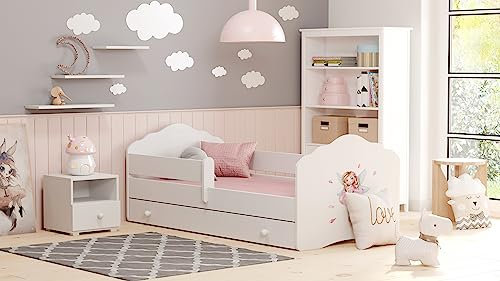 KOBI Fala Kinderbett mit Rausfallschutz mit Schublade | 160 x 80 cm | Kinderbetten mit Matratze Komplett Set | Einzelbett Kinder Bett | Mädchen Junge | Modern Weiss Kids Bed Children | Kinderzimmer