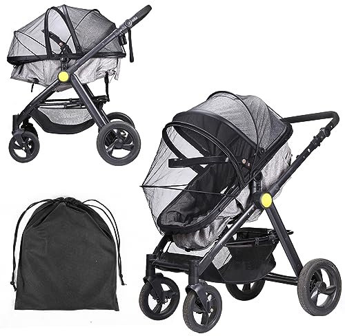 LEMESO Insektenschutz Kinderwagen Universal Mückennetz Moskitonetz für Buggy mit Tasche Doppelten Reißverschluss 3D-Stützdesign schwarz