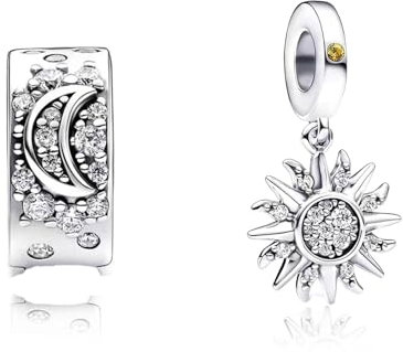 Amuefer Sun Moon Clip Charms für Armbänder 925 Sterling Silber mit Cubic Zirkonia Anhänger für Halsketten Geburtstag Weihnachten Schmuck Geschenke für Frauen -2 Stück