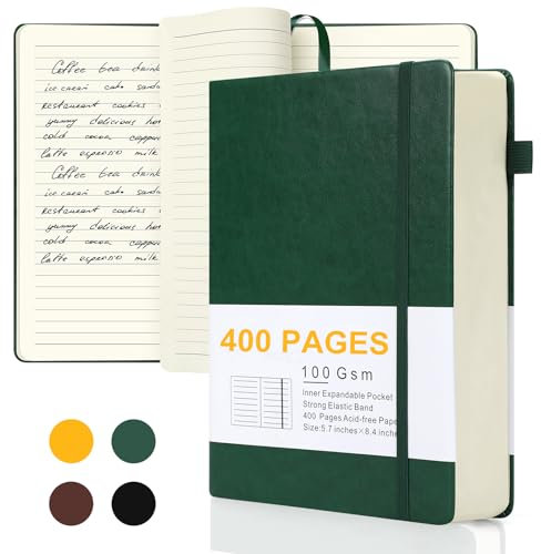 HOMEBOBO Journals for Writing, A5 Leather Ruled Notebook with 400 Pages, 100 Gms College Ruled Journal with Thick Paper, Hardcover with Inner Pocket & Pen Holder, Dark Green