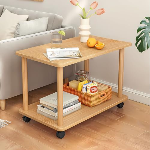 GHBXJX Holz Couchtisch mit Rollen, Klein Wohnzimmertisch mit Stauraum, Modern Beistelltisch, Nachttisch, 2 Ebenen Couch Tisch für Schlafzimmer und Wohnzimmer, 60x30x53 cm,Gelb