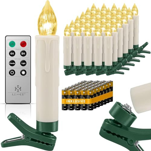 KESSER® Bougies de sapin de Noël 30 LED avec piles incluses - Blanc chaud - Avec télécommande - Fonction minuterie - Scintillement - Intensité variable - Bougies de Noël - Pinces de fixation - Blanc