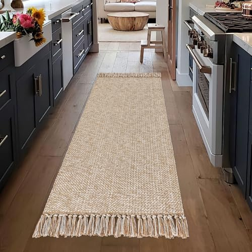 BUAGETUP Waschbarer Läufer, 60 x 180 cm, hellbrauner cremefarbener Flur-Läufer, Teppich, Baumwolle, gewebt, wendbar, Bauernhaus-Waschküchenteppich mit Quasten, Nachttisch für Flur, Schlafzimmer,