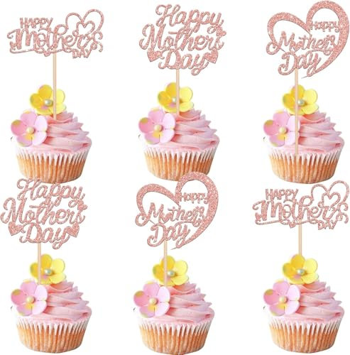 SYKYCTCY 24 Pack Happy Mother's Day Cupcake Toppers Glitter Heart Love You Mom Cupcake Picks for Mother's Day Party Number 1 Mom Cake Decorations Rose Gold