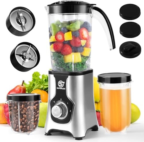 SUPERLEX 4-in-1 Electric Smoothie Maker and Blender Set, Multifunctional Blender for Juicing, Grinding, Ice Crushing, Blender with Bottle Lid for Kitchen, Portable, Travel, BPA Free