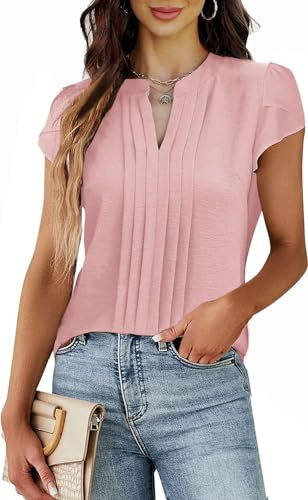 Teesho Camicia da Donna Manica Corta Elegante a V-Collo Plissettato Front Work Tops Camicie Tunika Top (Rosa/S)