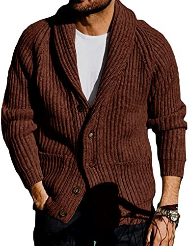 Runcati Mens Cardigan Knitted Chunky Jacket Shawl Collar Cable Knit Loose V Neck Knitwear Outerwear, Brown, M