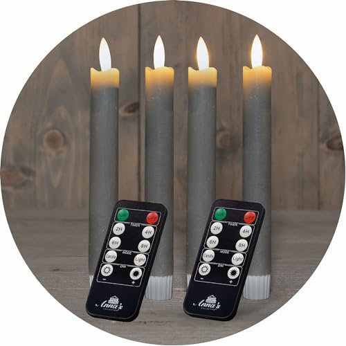 Stabkerzen LED mit Timer TAUPE GRAU 4 Stück indoor 6 Stunden - ECHTWACHS 18cm Höhe für Kerzen 2,2cm Durchmesser 2 AAA Batterien notwendig LED Stabkerzen flackernde Flamme bewegliche Flamme Licht