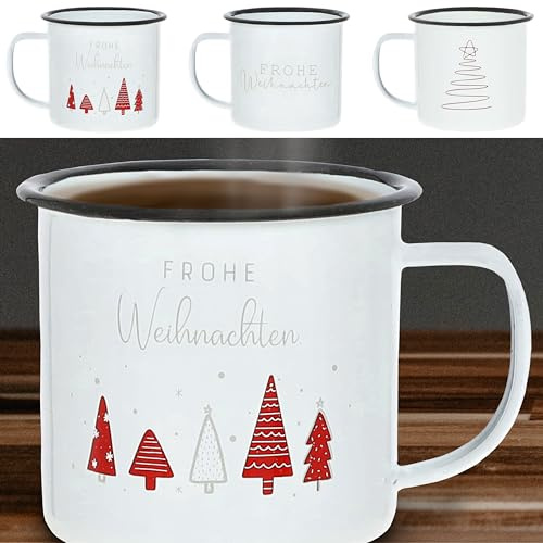 Cepewa Kaffeebecher | 13x9x9cm Emaille Eisen Metall weiß 450 ml | Henkelbecher mit Motive (1 x 3er Set Kaffeebecher Christmas Metall)