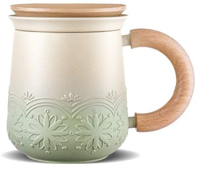 ZENS Tea Mug With Infuser and Lid, 330 ml Embossed Ceramic Cup With Strainer for Loose Leaf Steeper, Wood Handle Hot Diffuser, Women Tea Lovers Gifts, Light Green