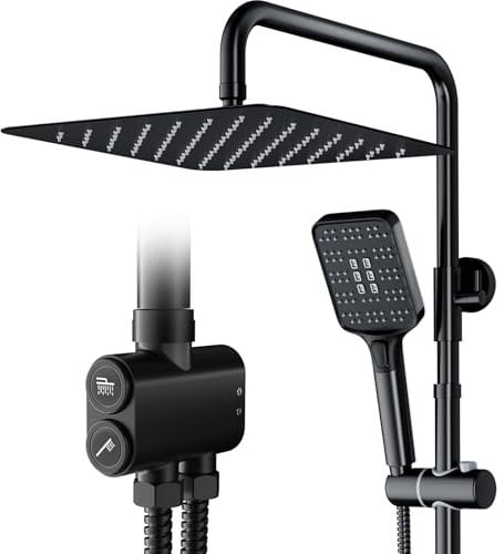Rainsworth Duschsystem ohne Armatur Schwarz - 30 x 30 cm eckig Regendusche und 3 Strahlarten Duschkopf, mit Umsteller aus Messing,Duschsäule Duschset für Dusche