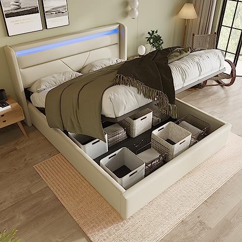 Aoskem Bett 140x200 Doppelbett Polsterbett, Bett mit Stauraum Underbett, LED-Kopfteil, Stauraumbett Bettgestell mit Lattenrost, Rückenlehne Flachbett Jugendbett Funktionsbett, Ohne Matratze, PU Weiß