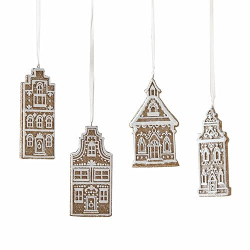 Loberon Anhänger 4er Set Gabin, Lebkuchen-Optik, Verschiedene Designs, Detailreich Verziert, Christbaumschmuck, Weihnachtsdeko, Weihnachten, Polyresin, Polyester, braun/weiß