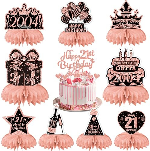 21st Birthday Table Decorations for Her - Rose Gold Party Honeycomb Centerpieces Cake Toppers Supplies, 17 Pieces Cheers to 21 Years Vintage 2004 Decor Happy 21st Birthday
