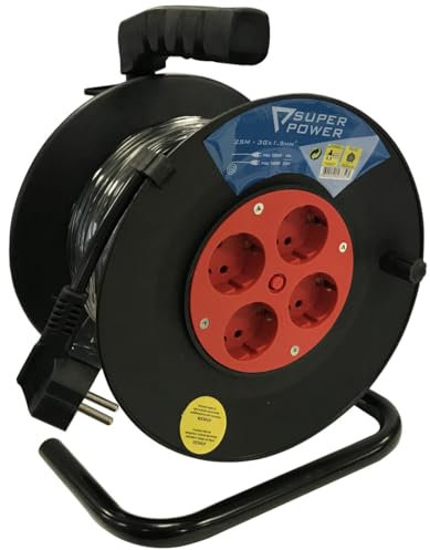 Enrollador de cable extensible 50m 4 tomas 3x1,5mm 3600W 16A IP20, ideal para uso doméstico y profesional, facilita conexiones eléctricas.