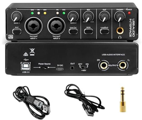 24Bit 192kHz Audio Interface, 2 In 2 Out USB Audio Interface for Recording, Streaming, Podcasting with Pro Audio Mixer, Mic Preamplifier, XLR TSR TS Ports, 48V Phantom Power