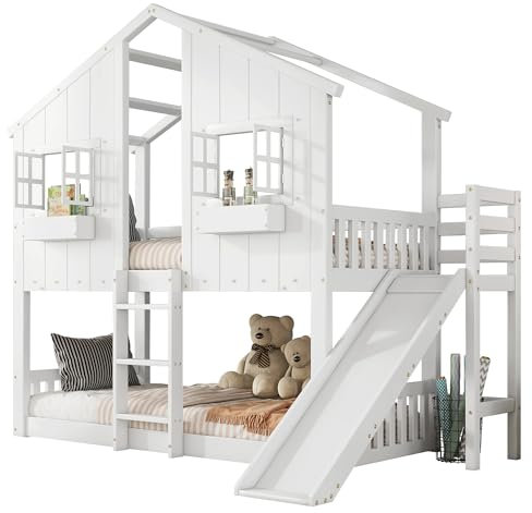 Etagenbett Kinderbett mit Rutsche, Dach und Fenstern, mit Fallschutzgitter, Dreistufiger Leiter, Flexibel Nutzbarem Unterbett, Kiefer+MDF (Weiß, 90x200cm)