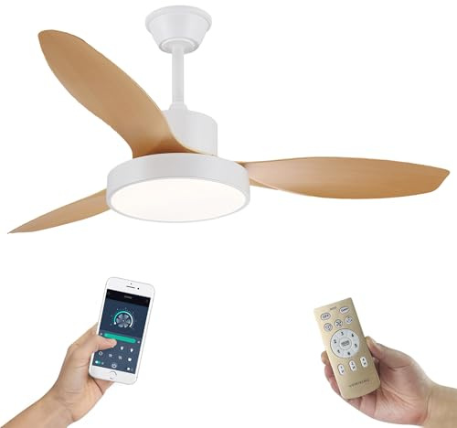 Ventilador de Techo con Luz LED y Aspas Reversibles - Diseño Premium, Silencioso con Mando a Distancia y Temporizador - Funcion Verano e Invierno y 3 Temperaturas de Luz LED (Madera, L (120 cm))