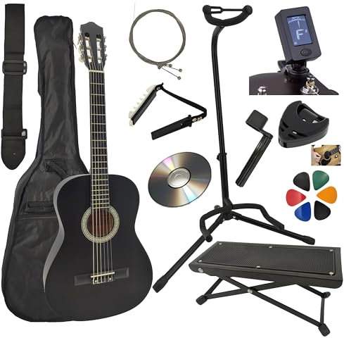 AMROVA Pack Guitare Classique 3/4 Enfant pour Gaucher (9 à 12 ans) Support Guitare + Repose Pied + 9 Accessoires Cour Vidéo et CD (Noir, 3/4, Gauche)
