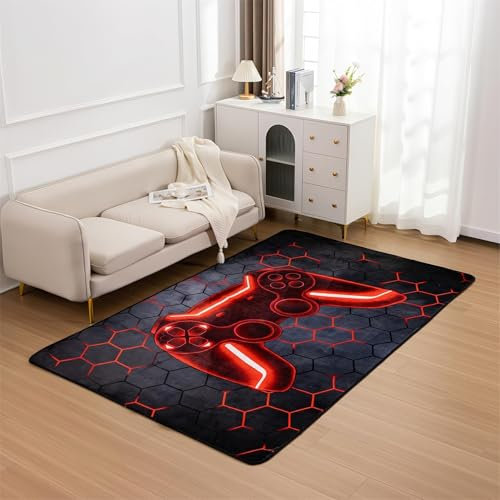 PEIHUODAN Gaming Video Game Area Rugs for Boys Teens, Modern Cool Tech Style Gaming Room Home Decoration Mat Gamer Controller Gamepad, Non-Slip Children Gaming Carpet (Red,50x80cm)
