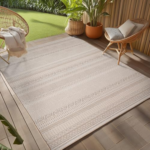 Teppium Outdoor Teppich Beige 160x230 cm, Wetterfest & UV-beständig, ideal für Küche, Balkon, Terrasse, Garten auch Wohnzimmer und Esszimmer, Skandinavisches Boho-Design