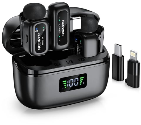 NEEWER KM19 Micro Cravate sans Fil,48kHz/24bits,Autonomie de 30h,Réduction de Bruit à 3 Niveaux,Mode Silencieux,Stéréo,Portée de 100m, Mini Microphone avec App,Compatible avec iPhone Android Phone PC