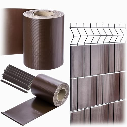 KADAX PVC Sichtschutzstreifen 35 m x 19 cm für Doppelstabmatten Zaun, Sichtschutz mit 20 Befestigungsclips, Windschutz, Zaunfolie für Stabmattenzaun (Braun)