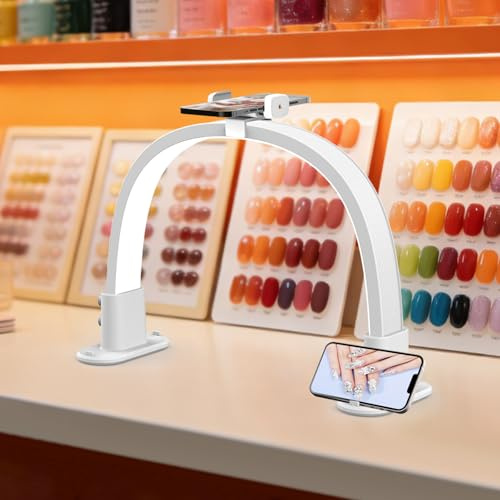 SMOCTAR Half Moon Light for Nail Desk, Arch Manicure Table Lamp for Nail Tech with Phone Holder, Stepless Di686mming Half Moon Esthetician Light for Beauty Salon, Tattoo (White-2)