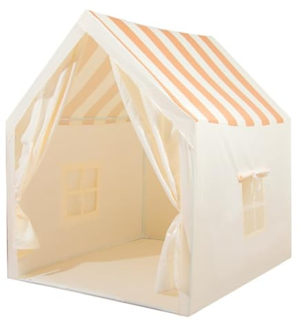 Benebomo Kids Play Tent House with Striped Roof, Beige and Orange Polyester Playhouse with Window and Curtains, 130x100x120cm Indoor Outdoor Children's Tent