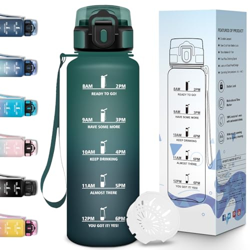 Motswedi Gourde 1,5l, Gourde sport, Anti-Fuite, Bouteille d'eau, Motivation avec Marqueur de Temps, Bouteille Eau pour Sport, Université, Bureau & Vélo - Vert Gris