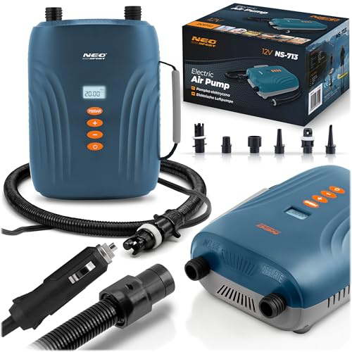 Neo-Sport Elektrisk luftpump 12 V för SUP, luftmadrass och gummibåt – 20 PSI SUP-pump med dubbel motor, bilstopp, 6 adaptrar och deflate funktion