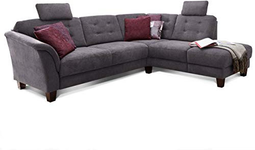 Cavadore Ecksofa Trond mit Ottomane rechts / Federkern-Sofa im Landhausstil mit 2 Kopfstützen und Vorziehsitz mit Bettkasten / 260 x 89 x 214 / Webstoff grau