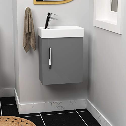 Modern Bathroom Vanity Unit 400mm 1-Door Wall Hung Storage Cabinet Basin Sink Indigo Grey Gloss Cloakroom