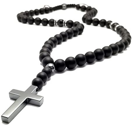 Onyx Matt Halskette Kreuz Hämatitstein Rosenkranz Necklace Herren Damen Handmade/ALLA