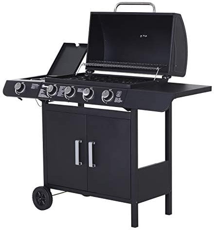 Outsunny 4+1 Burner Gas BBQ Grill, Outdoor Barbecue Trolley with Wheels, Warming Rack, Side Shelves, Cabinet, Thermometer for Garden, Party, Camping, 125 L x 51 W x 100 H cm, Black