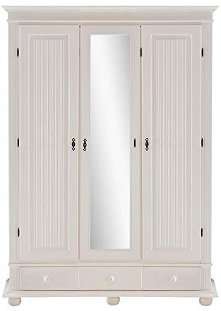 Beauty.Scouts Garderobenschrank 3-türig Laurine weiß Fichte Massivholz 152x193x59cm (B/H/T) mit Spiegel Garderobe Flurgarderobe Flur Schrank Jackenschrank