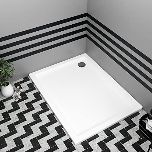 Bathroom 1000 x 760mm Shower Tray Gloss White Slimline 30mm Stone Resin Rectangular Base with Free Waste Trap Kit