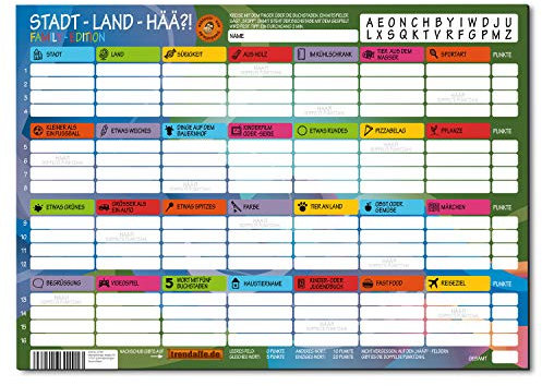 avandu Stadt Land Hää?! Family Edition Spielblock mit 50 Blättern - Stadt Land Fluss für Familien - Gesellschaftsspiel