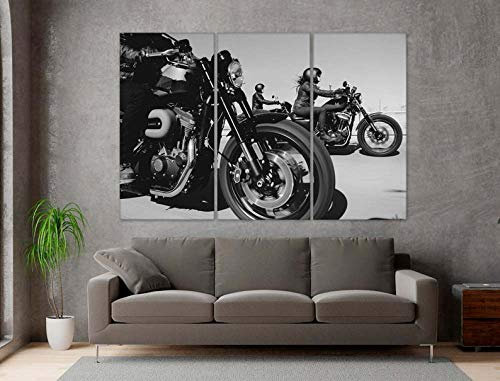 DDSDA Harley Davidson Black 3-Teilig auf Leinwand, XXL 3 Teilig Bilder Wandbild Vlies - Leinwand Kunstdruck auf Wandbild Rahmen Wanddekoration mit Rahmen