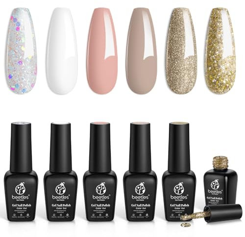 Beetles Gel Nail Polish - Endless Romance Set: 6 Colors, White, Nude, Glitter, DIY Manicure Kit with Soak Off Nail Lamp