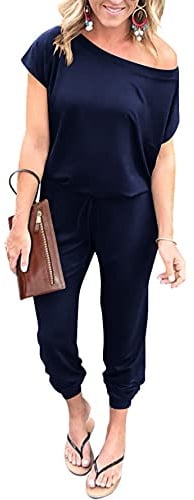 YUNDAI Womens Jumpsuits One Piece Casual Off Shoulder Playsuit Short Sleeve Overalls Elastic Waist Stretchy Romper with Pockets Medium,Navy Blue