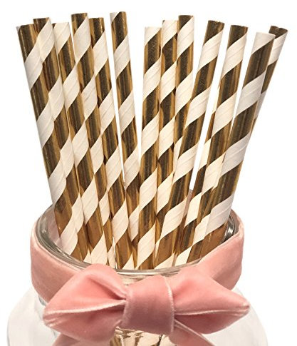 YYECO Disposable Gold and White Striped Paper Straws Metallic Gold Foil Paper Drinking Straws for Wedding, Celebrations, Party Supplies (100 Pack)