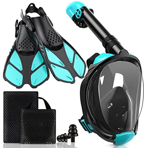 Viginsul Snorkeling Gear for Adults, Full Face Snorkel Mask with Dry Top System & Adjustable Swim Fins, Foldable Panoramic View Snorkeling Mask Set Anti-Fog & Anti-Leak