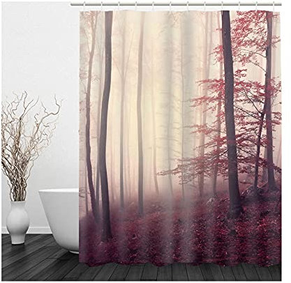 Banemi Gemusterter Duschvorhang, Duschvorhang für Gardinengleitung Rotbraun Wald Polyestergewebe 180X200cm für Eck Dusche mit 12 Duschvorhangringen